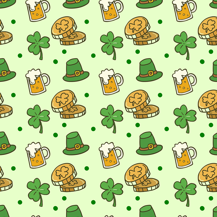 St Patrick Digital Paper with Shamrocks, Coins, Beer Mugs and Hats seamless PBR texture preview
