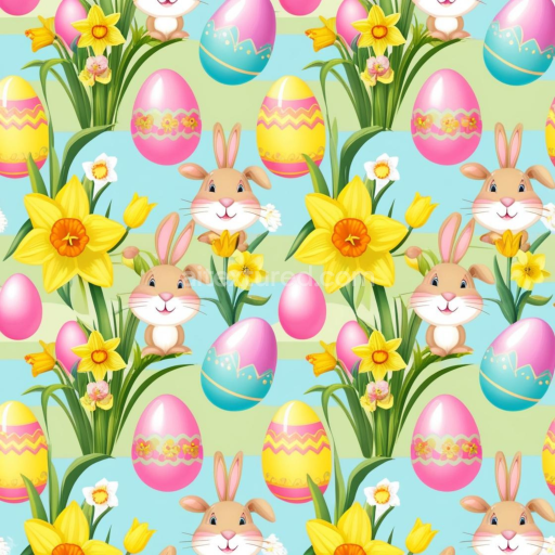 Seamless 3D PBR Texture Featuring Easter Bunnies, Daffodils, and Colorful Eggs