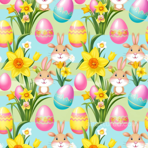 All Christmas Digital paper Texture of Easter Bunnies, Daffodils, and Decorative Eggs seamless All Christmas Digital paper PBR texture