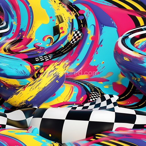 Seamless 3D PBR Graffiti Texture Featuring Vivid Splashes and Checkerboard Racing Motifs