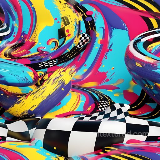 Seamless 3D PBR Graffiti Texture Featuring Vivid Splashes and Checkerboard Racing Motifs texture preview