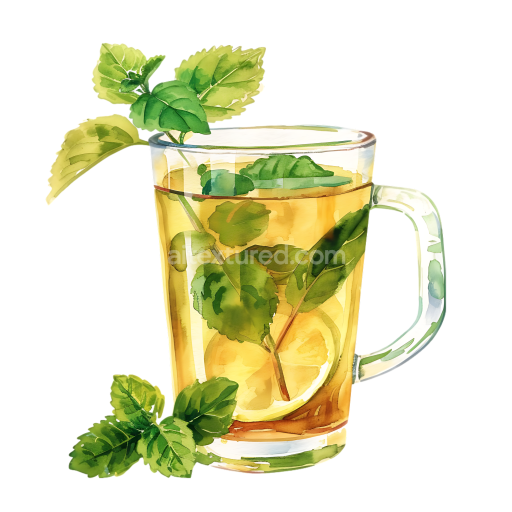 Breakfast Lemon Balm Tea Glass with Fresh Green Leaves - Watercolor Illustration