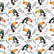 Seamless 3D PBR Pattern Texture Featuring Stylized Toucan Motifs and Delicate Leaf Illustrations texture preview