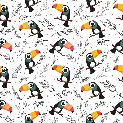 Pattern Bundle - Seamless 3D PBR Pattern Texture Featuring Stylized Toucan Motifs and Delicate Leaf Illust… texture preview