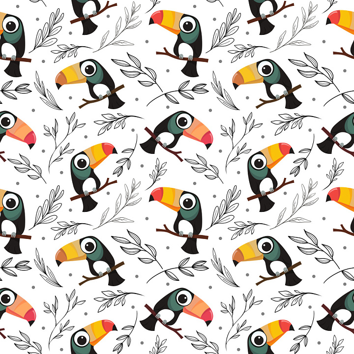 Pattern Featuring Stylized Toucan Motifs and Delicate Leaf Illustrations seamless PBR texture preview