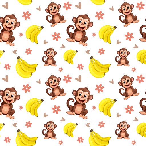 Pattern PBR Texture with Cute Cartoon Monkeys, Bananas & Floral Motifs seamless Pattern Bundle PBR texture