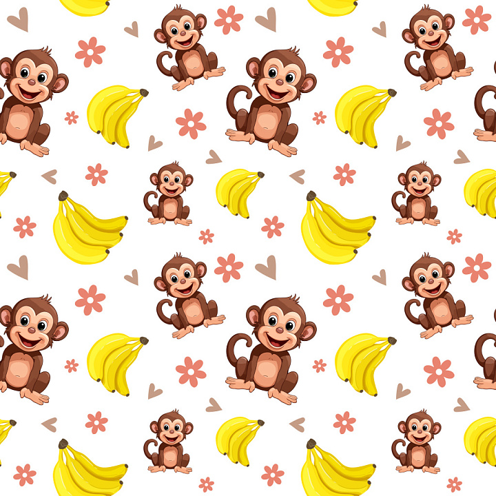 Pattern with Cute Cartoon Monkeys, Bananas & Floral Motifs seamless PBR texture preview