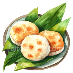seamless Watercolor-Style Bangladeshi Pitha Rice Cakes on Green Leaves Breakfast Graphic texture 8k free download PBR
