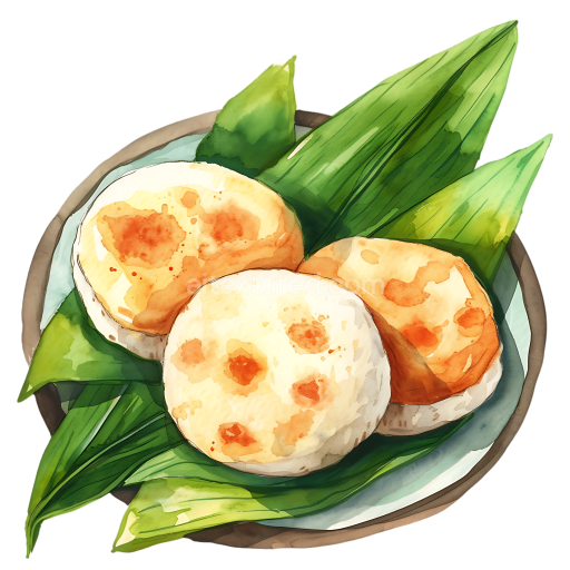 Watercolor-Style Bangladeshi Pitha Rice Cakes on Green Leaves Breakfast Graphic