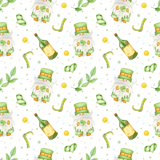 Seamless 3D PBR Texture Featuring St Patrick Cartoon Gnomes and Themed Elements