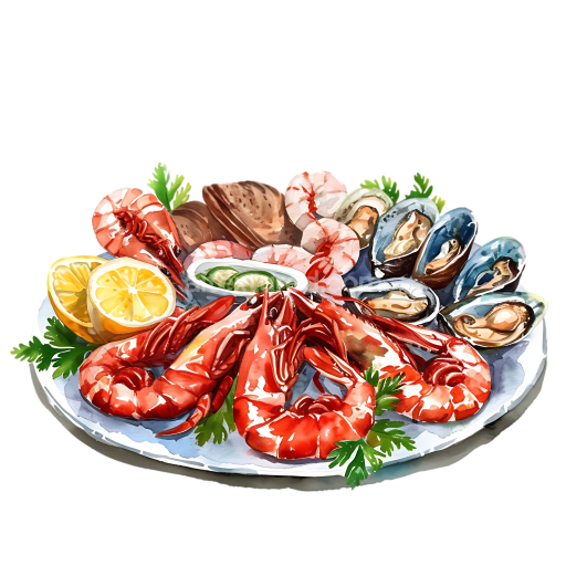 Breakfast Seafood Platter PNG Graphic Featuring Shrimp, Mussels, and Fresh Lemon