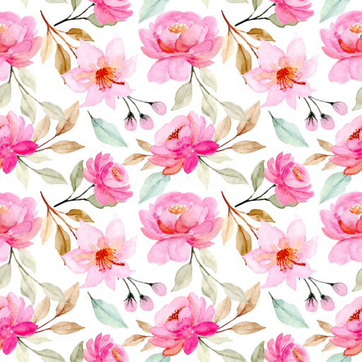 Seamless 3D PBR Texture of Pink Flower Watercolor Floral Pattern with Soft Pastel Leaves