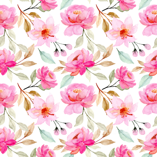 Pink Flower Watercolor Floral Pattern Seamless Texture with Soft Pastel Leaves seamless Pink Flower PBR texture