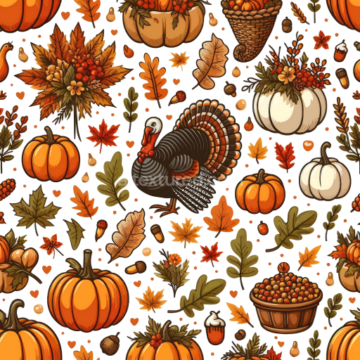 Preview — Seamless 3D PBR Thanksgiving Pattern Texture with Turkeys, Pumpkins, and Autumn Leaves