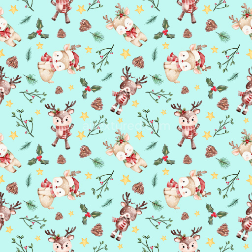 Pattern Bundle - Seamless 3D Pattern PBR Texture with Cute Cartoon Reindeer and Festive Botanical Motifs texture preview