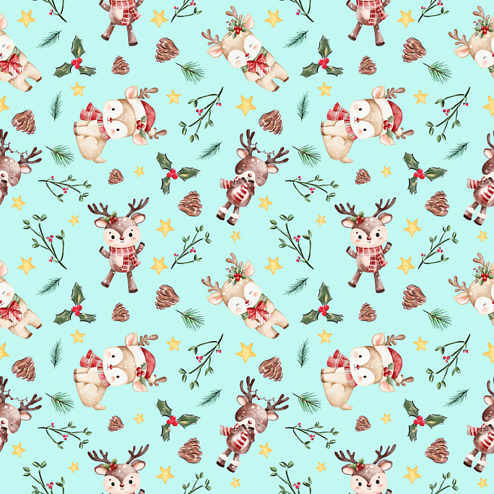 Pattern with Cute Cartoon Reindeer and Festive Botanical Motifs seamless PBR texture preview