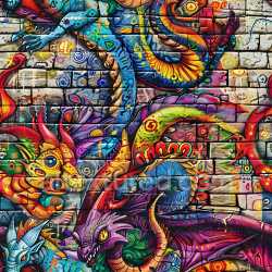 seamless Seamless 3D PBR Texture Featuring Colorful Graffiti Dragon Mural on Brick Wall texture 8k free download PBR