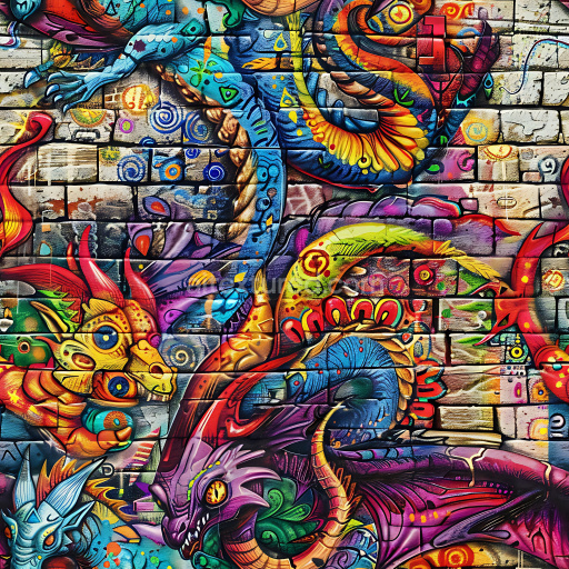 Seamless 3D PBR Texture Featuring Colorful Graffiti Dragon Mural on Brick Wall