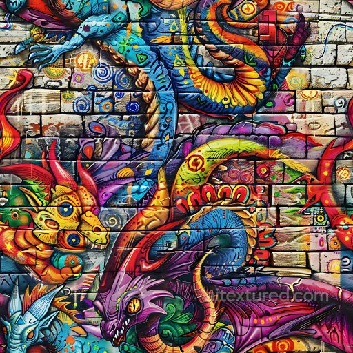 Seamless 3D PBR Texture Featuring Colorful Graffiti Dragon Mural on Brick Wall texture preview