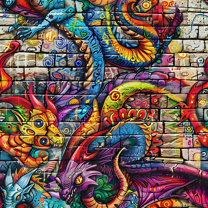 Featuring Colorful Graffiti Dragon Mural on Brick Wall seamless PBR texture preview
