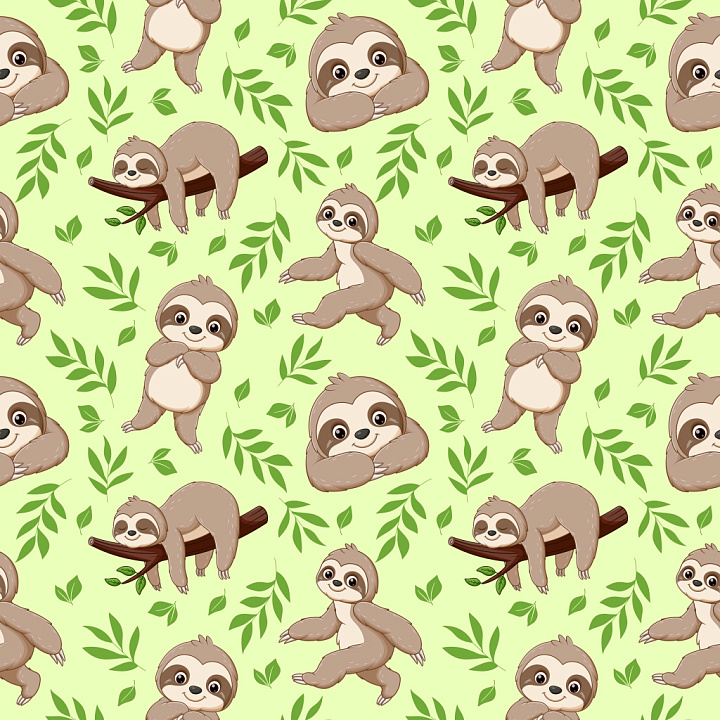Pattern Featuring Adorable Sloths and Leaf Motifs on Light Green Backgr… seamless PBR texture preview