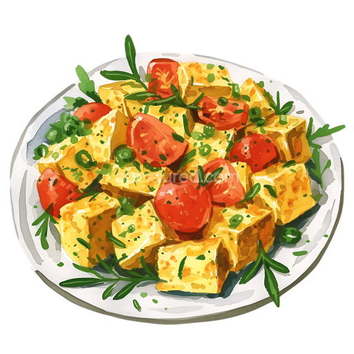Scrambled Tofu Breakfast Plate with Cherry Tomatoes and Fresh Herbs Illustration