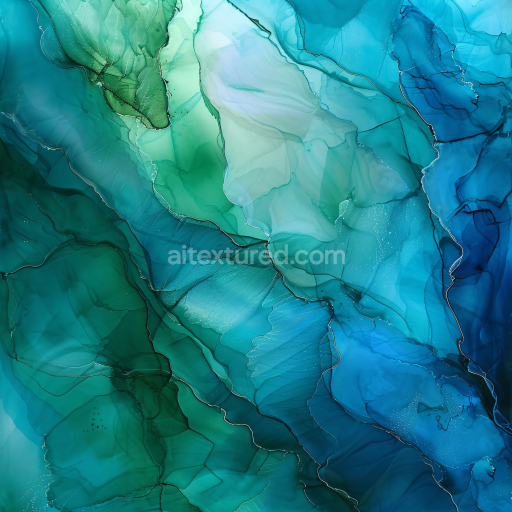 Seamless 3D Alcohol Ink PBR Texture Featuring Blue-Green Fluid Waves and Flowing Marbling