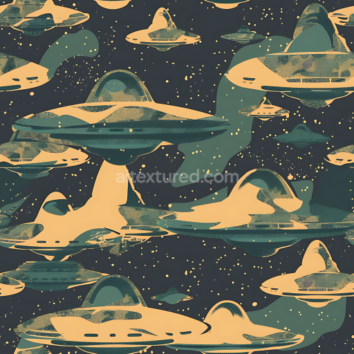 Seamless 3D Sci-Fi Camouflage PBR Texture Featuring UFO Shapes and Abstract Stars