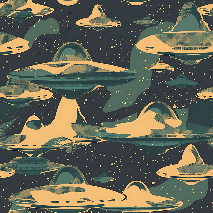 Sci-Fi Camouflage Featuring UFO Shapes and Abstract Stars seamless PBR texture preview