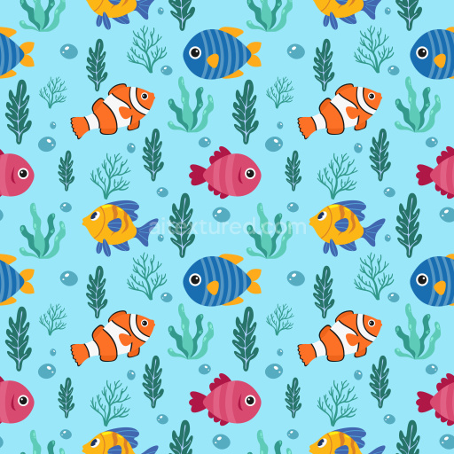 Pattern Bundle - Seamless 3D Pattern PBR Texture Featuring Colorful Cartoon Fish and Seaweed Motifs on Blu… texture preview