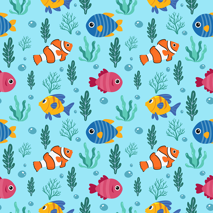 Pattern Featuring Colorful Cartoon Fish and Seaweed Motifs on Blue Back… seamless PBR texture preview