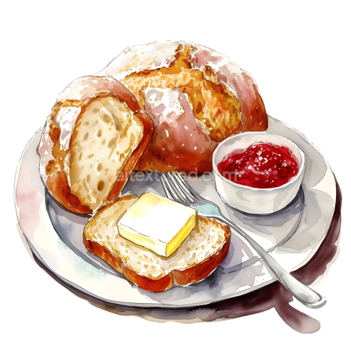 Watercolor Irish Soda Bread Breakfast with Butter and Red Jam