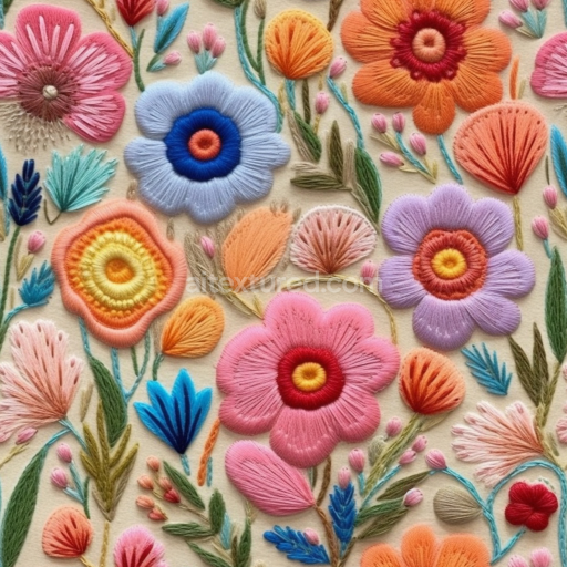 Seamless 3D PBR Texture of Colorful Embroidered Floral Fabric