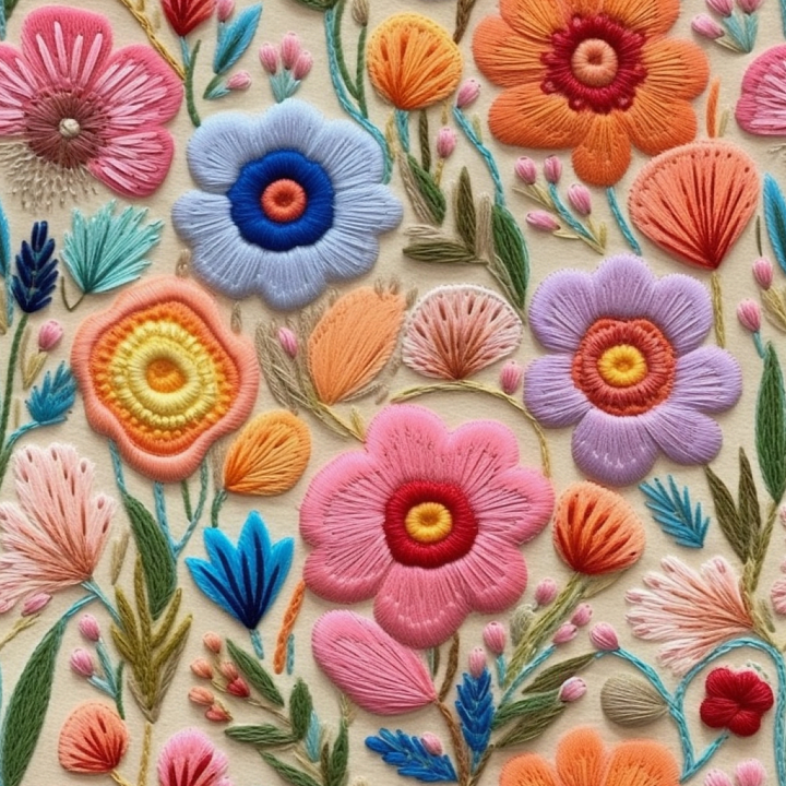 Colorful Embroidered Floral Fabric seamless PBR texture preview