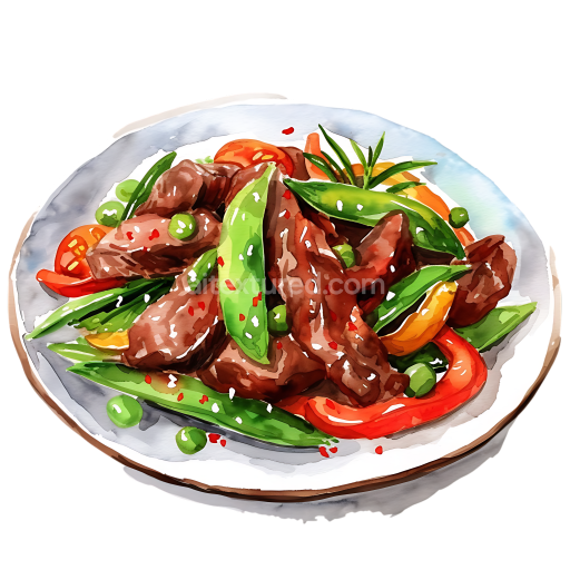 Beef Stir-Fry Breakfast Plate PNG Graphic Featuring Colorful Vegetables in Watercolor Style