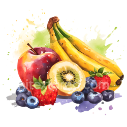 seamless Watercolor Style Fresh Fruit Breakfast Illustration with Banana, Apple, Kiwi, Berries texture 8k free download PBR
