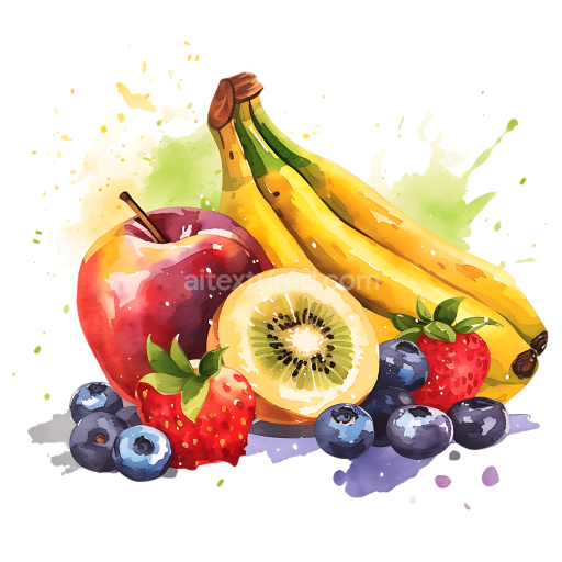 Watercolor Style Fresh Fruit Breakfast Illustration with Banana, Apple, Kiwi, Berries