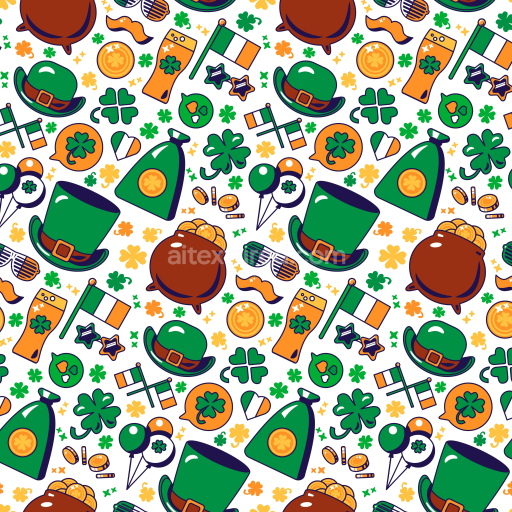 Seamless 3D PBR Texture with St Patrick Symbols and Colorful Icons