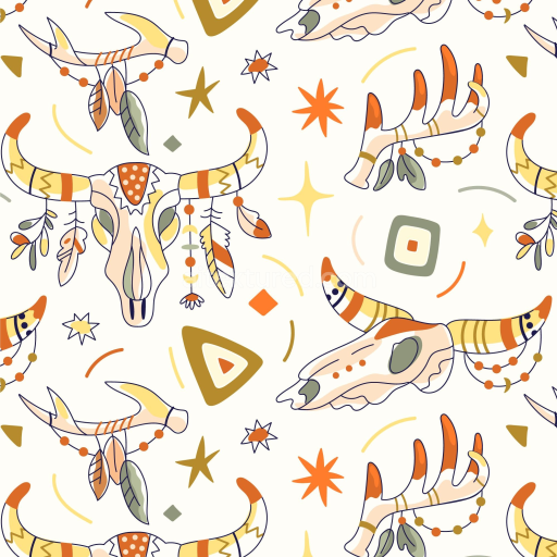 Seamless 3D PBR Texture Featuring Boho-Style Animal Skulls and Tribal Motifs
