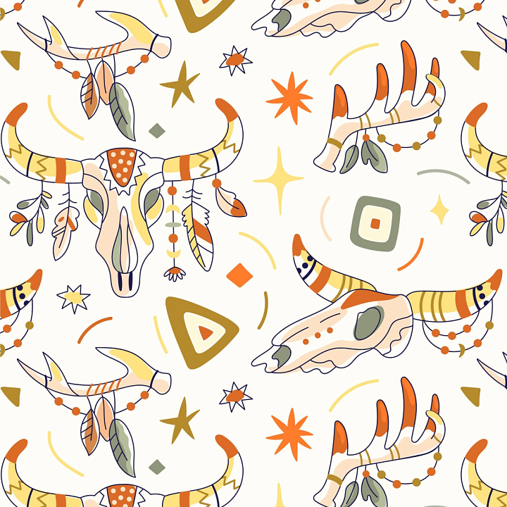 Featuring Boho-Style Animal Skulls and Tribal Motifs seamless PBR texture preview