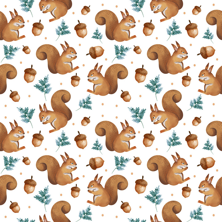 Pattern with Hand-Painted Squirrel Motifs and Forest Elements seamless PBR texture preview