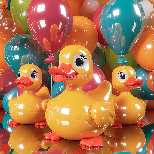 Seamless 3D Inflated Glossy Rubber Duck PBR Texture with Vibrant Balloons