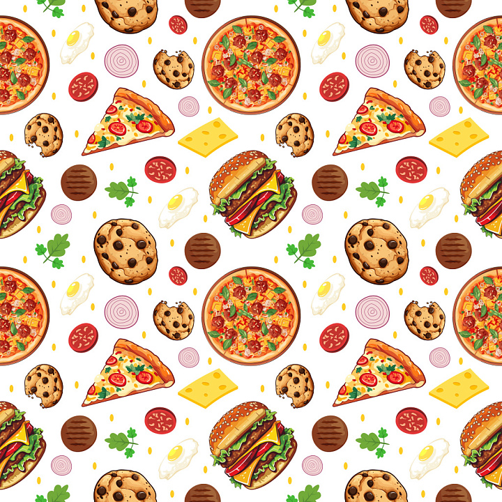 Pattern Featuring Illustrated Food Motifs in Vibrant Colors seamless PBR texture preview