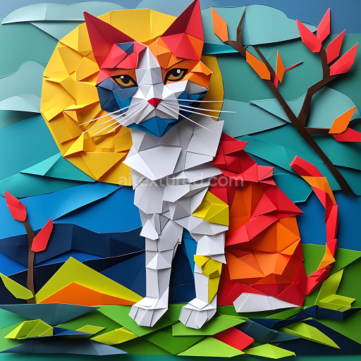 Seamless 3D PBR Texture Featuring Origami-Style Cat in Vibrant Patchwork Colors