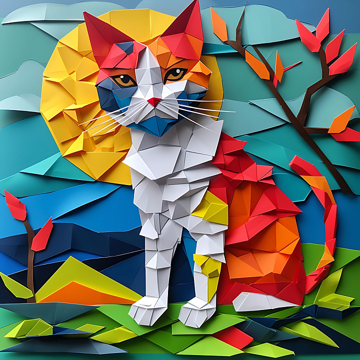 Featuring Origami-Style Cat in Vibrant Patchwork Colors seamless PBR texture preview