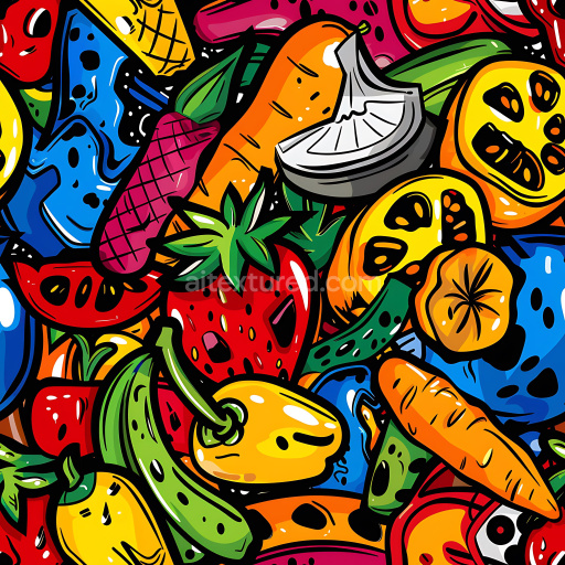 Seamless 3D PBR graffiti texture featuring colorful hand-drawn fruits and vegetables with bold outlines