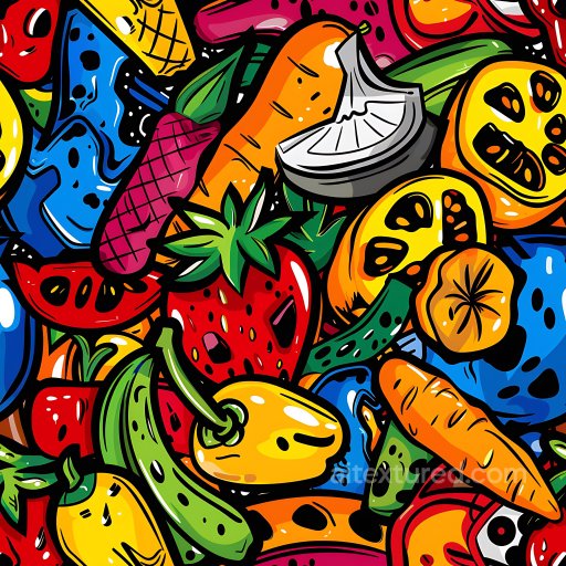 Seamless 3D PBR graffiti texture featuring colorful hand-drawn fruits and vegetables with… texture preview