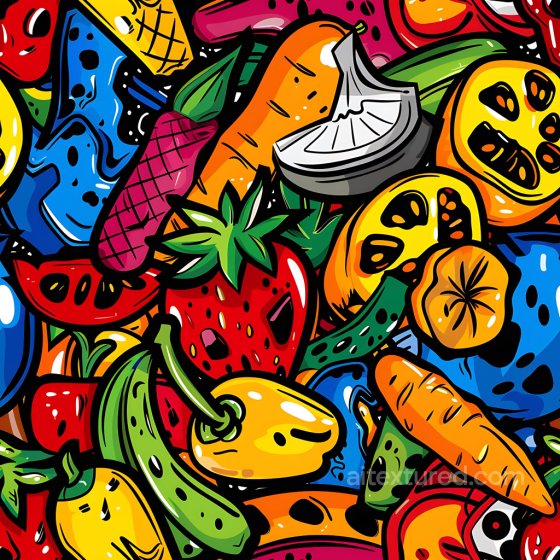 Graffiti Texture Featuring Colorful Hand-Drawn Fruits And Vegetables With Bold Outlines Graffiti texture preview