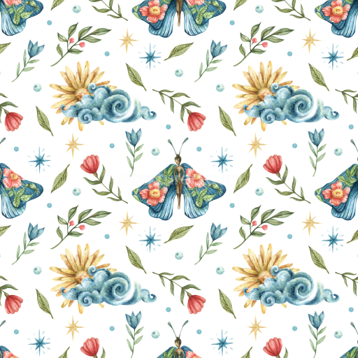 Seamless 3D PBR Watercolor Fabric Texture Featuring Stylized Butterflies and Floral Elements