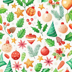 seamless Seamless 3D PBR Watercolor Christmas Pattern Texture with Festive Ornaments and Foliage texture 8k free download PBR